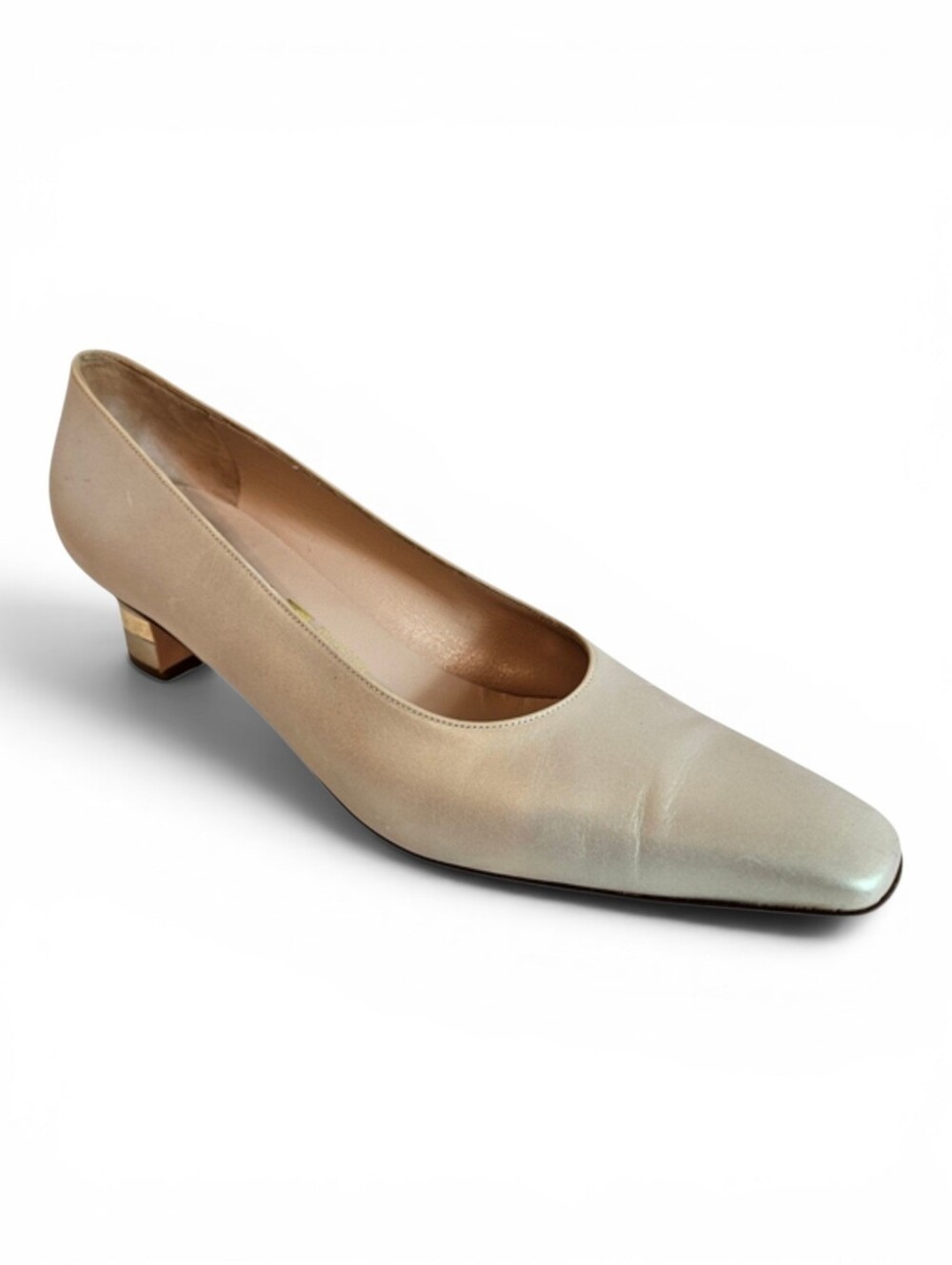 Vintage Salvatore Ferragamo Pumps 9.5 2A Leather Logo Block Heel Ivory Gold